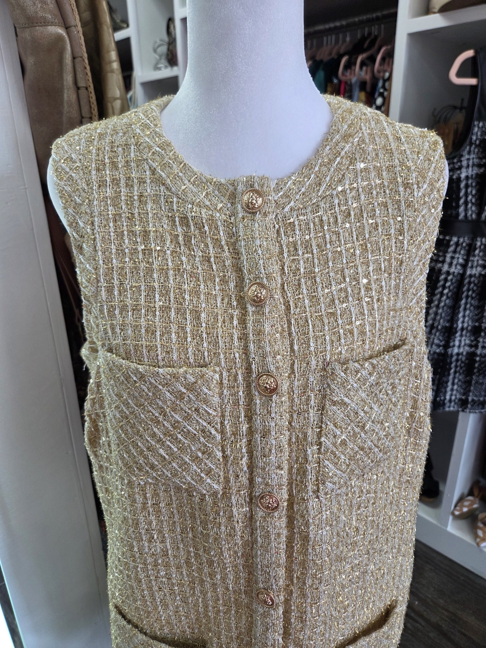 Anthropologie Gold Tweed Mini Dress with Feather Trim - Picture 3 of 8